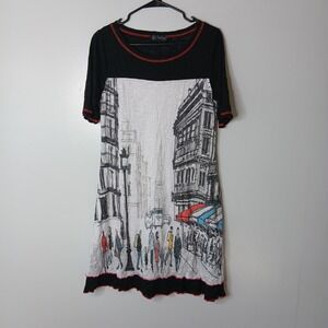Carine Andie Dress Womens M Black White Paris Scene Layered Crinkle Gauzy